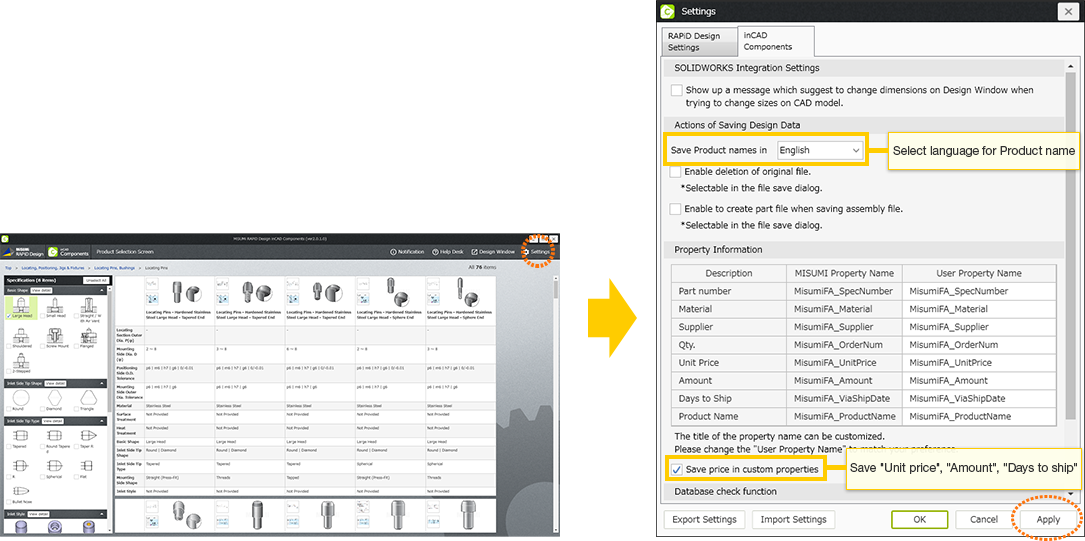 RAPiD Design(inCAD Components) settings screen